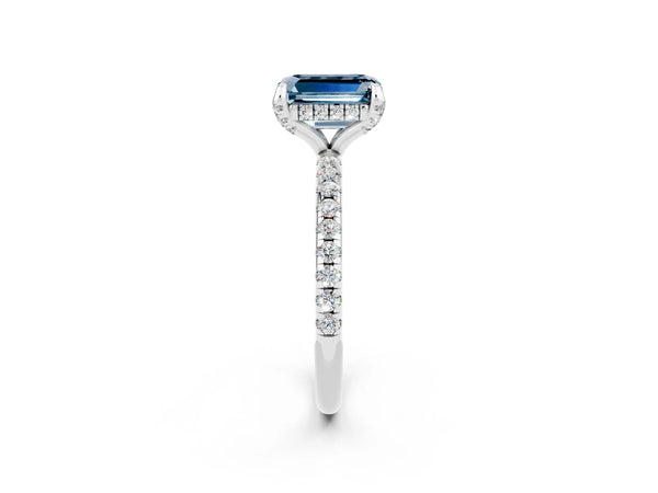 White gold Emerald Cut Aquamarine Hidden Halo Engagement Ring with Round Pavé Band and Prong Setting