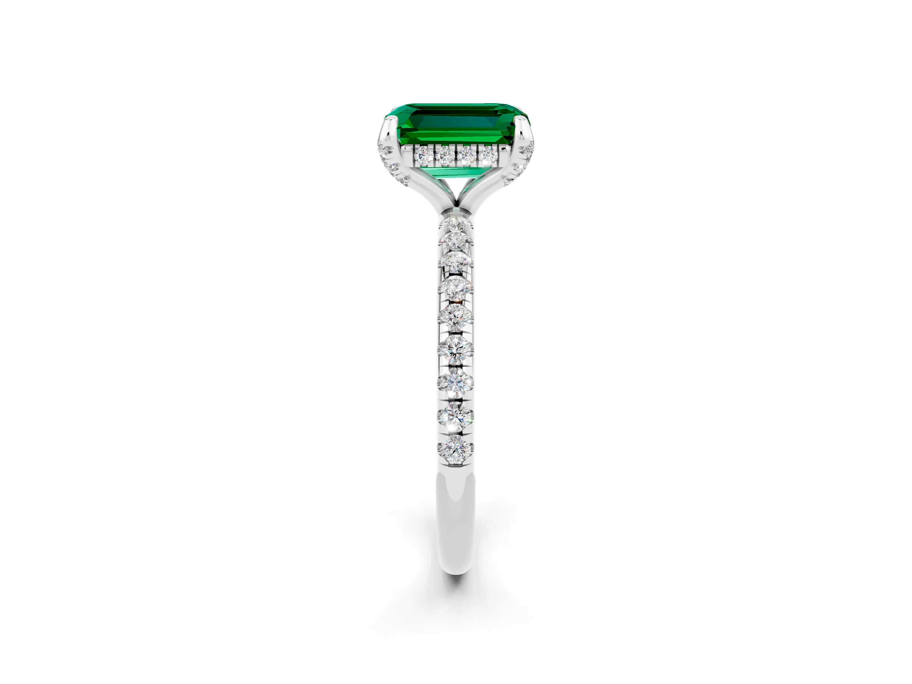 White gold Emerald Cut Diamond Solitaire Ring with Four-Prong Setting and Pavé Band_2