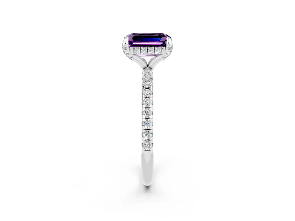 Silver Emerald Cut Amethyst Hidden Halo Engagement Ring with Round Pavé Band and Prong Setting