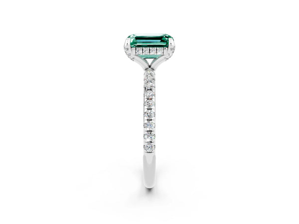 Platinum Emerald Cut Green Sapphire Hidden Halo Engagement Ring with Round Pavé Band and Prong Setting