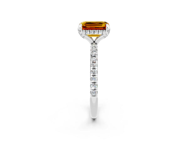 White gold Emerald Cut Citrine Hidden Halo Engagement Ring with Round Pavé Band and Prong Setting