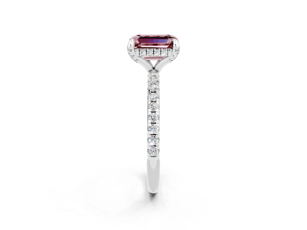Silver Emerald Cut Diamond Solitaire Ring with Four-Prong Setting and Pavé Band