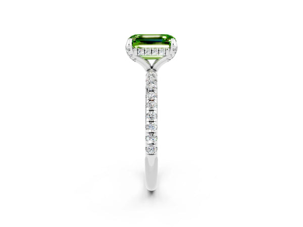 Silver Emerald Cut Diamond Solitaire Ring with Four-Prong Setting and Pavé Band
