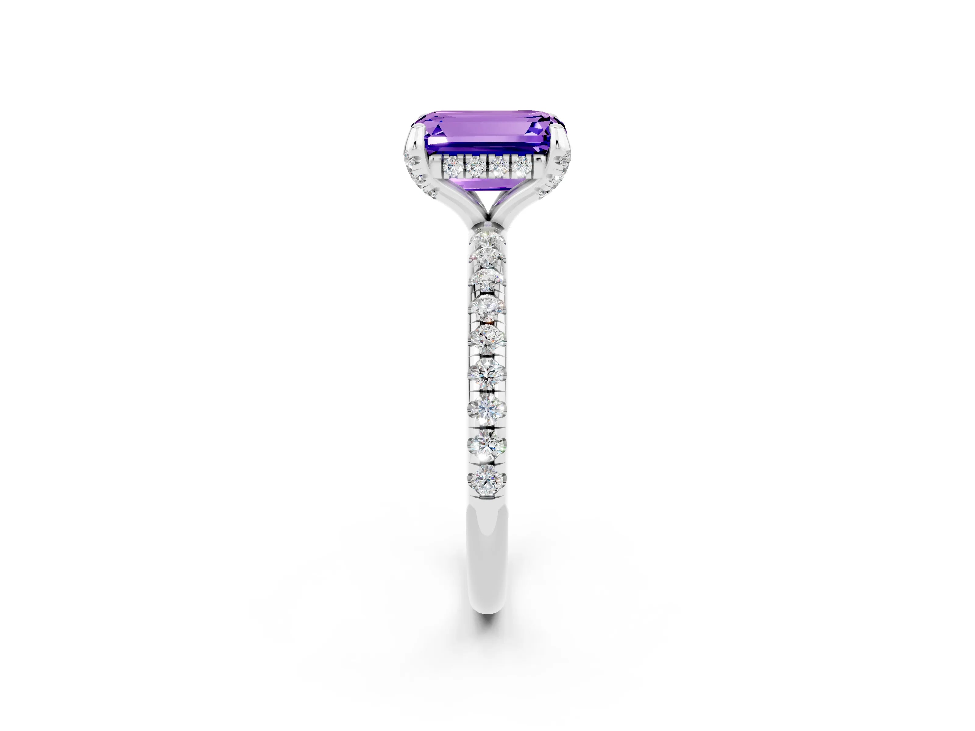 White gold Emerald Cut Diamond Solitaire Ring with Four-Prong Setting and Pavé Band_2