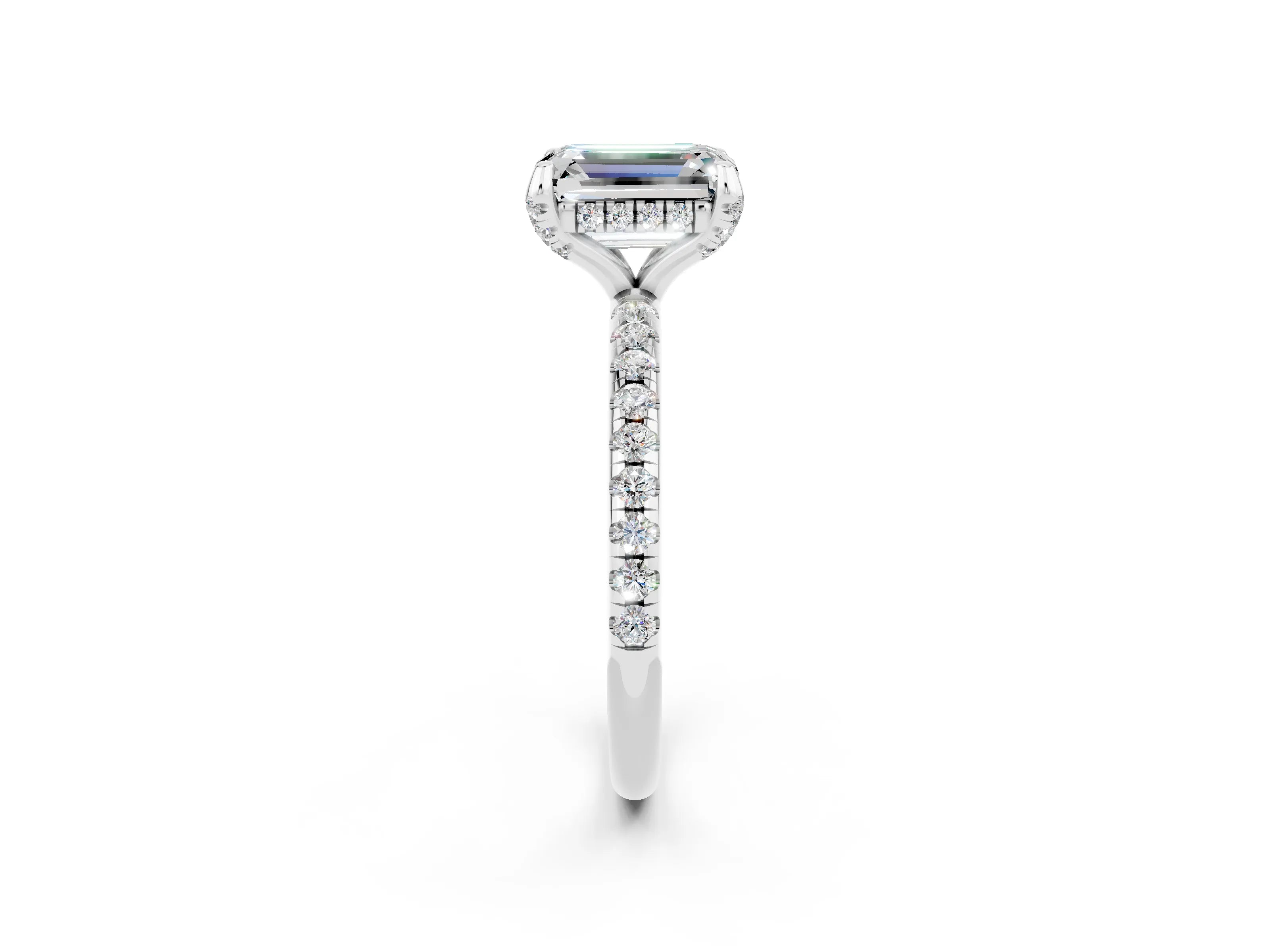 White gold Emerald Cut Diamond Solitaire Ring with Four-Prong Setting and Pavé Band_2
