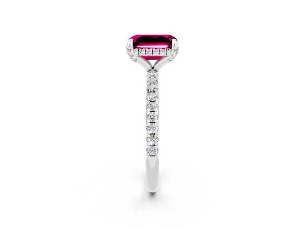 Platinum Emerald Cut Garnet Hidden Halo Engagement Ring with Round Pavé Band and Prong Setting