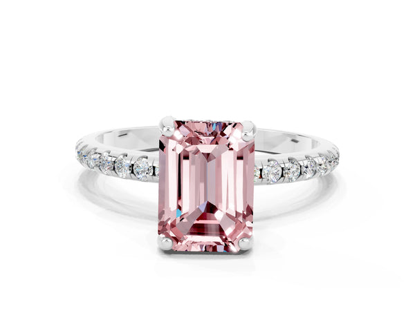 Silver Emerald Cut Diamond Solitaire Ring with Four-Prong Setting and Pavé Band