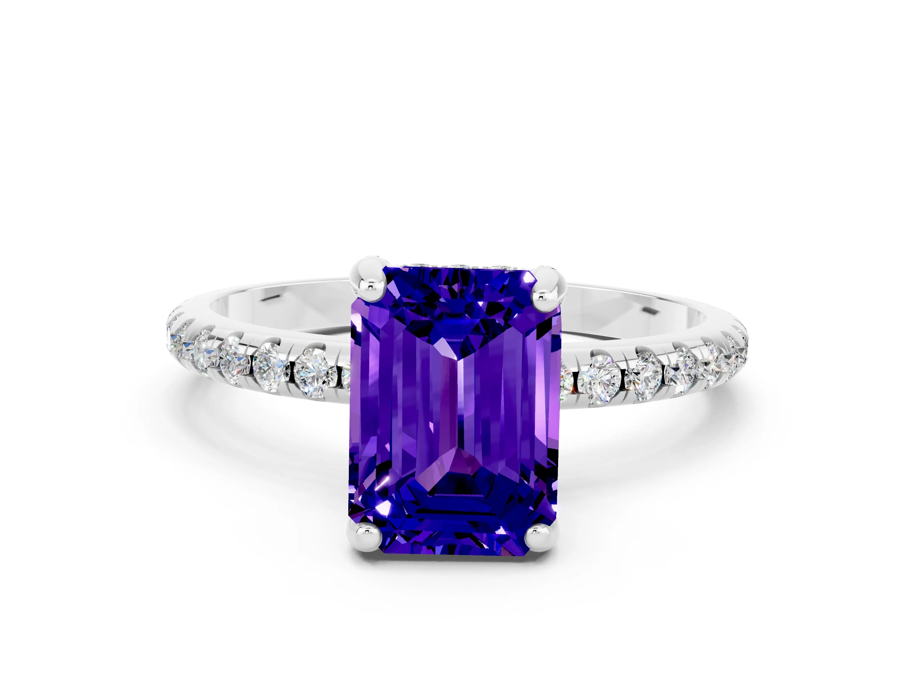 White gold Emerald Cut Diamond Solitaire Ring with Four-Prong Setting and Pavé Band