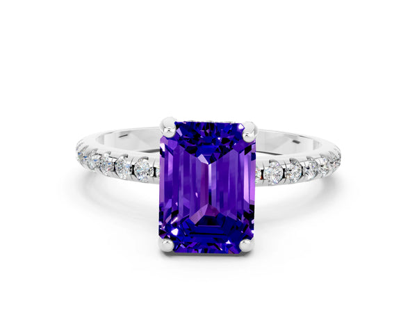 White gold Emerald Cut Tanzanite Hidden Halo Engagement Ring with Round Pavé Band and Prong Setting