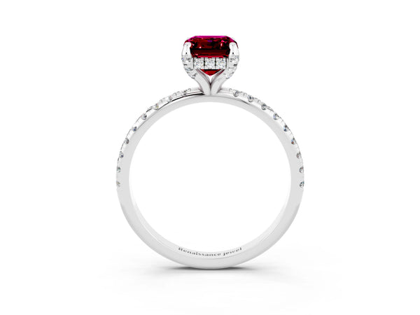 Silver Emerald Cut Garnet Hidden Halo Engagement Ring with Round Pavé Band and Prong Setting