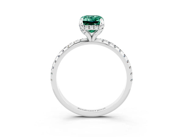 Silver Emerald Cut Green Sapphire Hidden Halo Engagement Ring with Round Pavé Band and Prong Setting