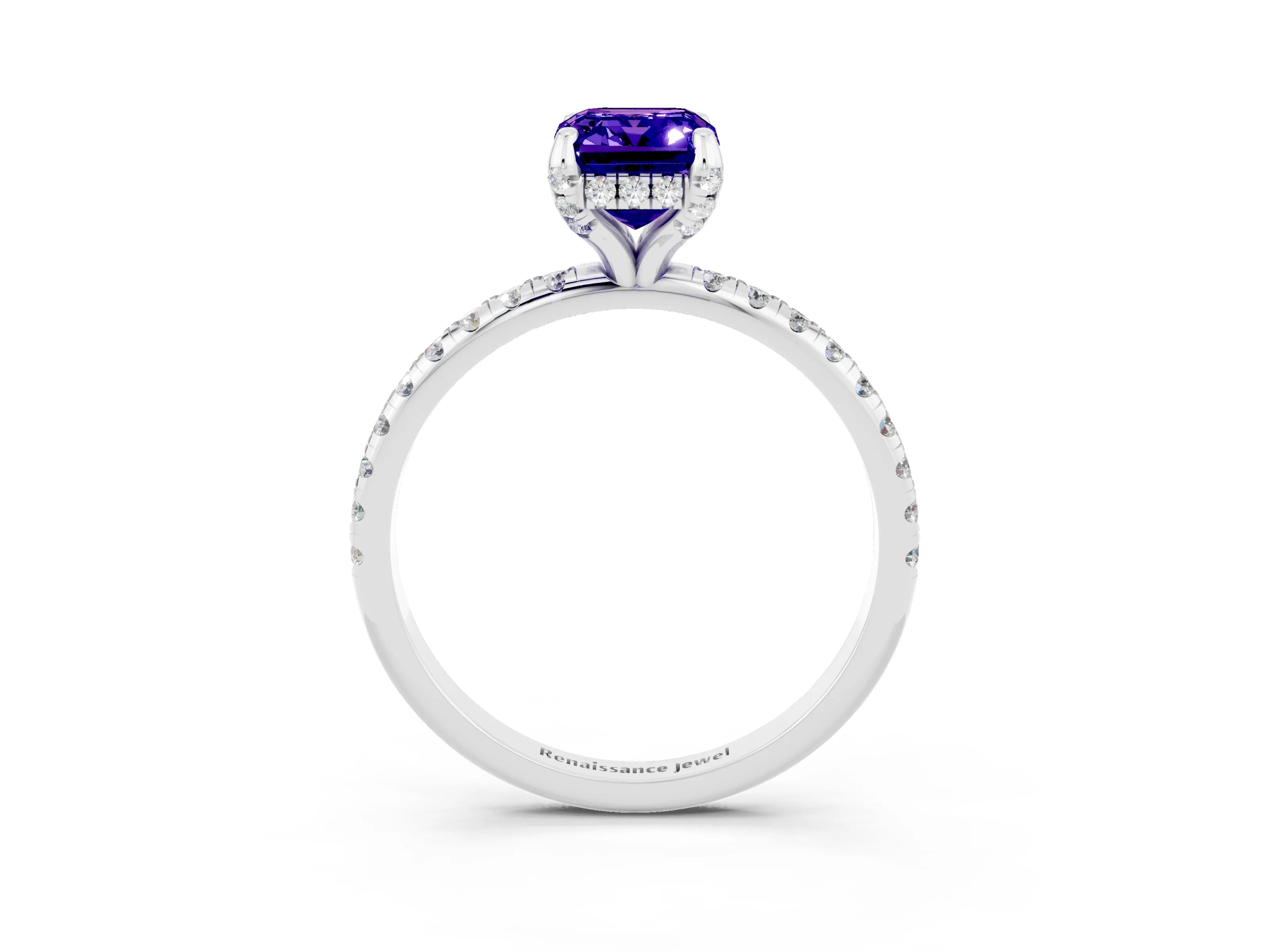 White gold Emerald Cut Diamond Solitaire Ring with Four-Prong Setting and Pavé Band_3