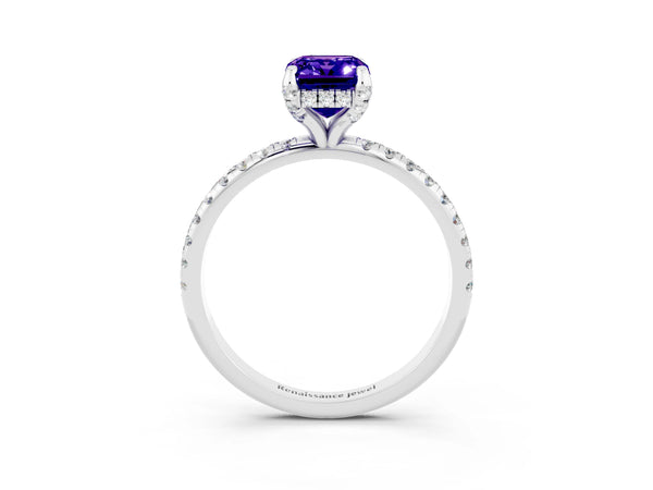 White gold Emerald Cut Tanzanite Hidden Halo Engagement Ring with Round Pavé Band and Prong Setting