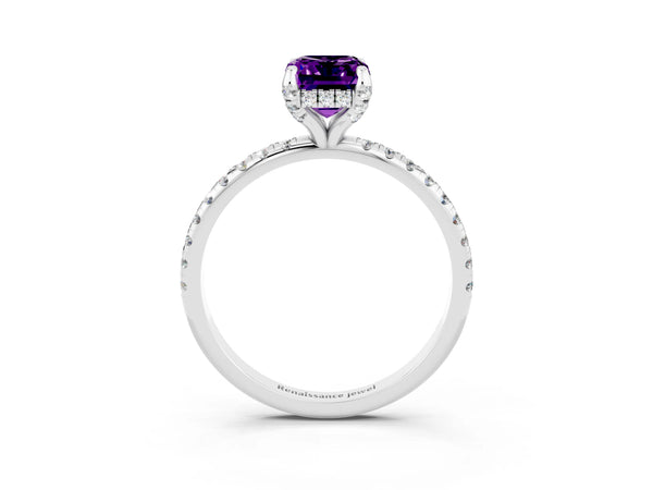 White gold Emerald Cut Amethyst Hidden Halo Engagement Ring with Round Pavé Band and Prong Setting