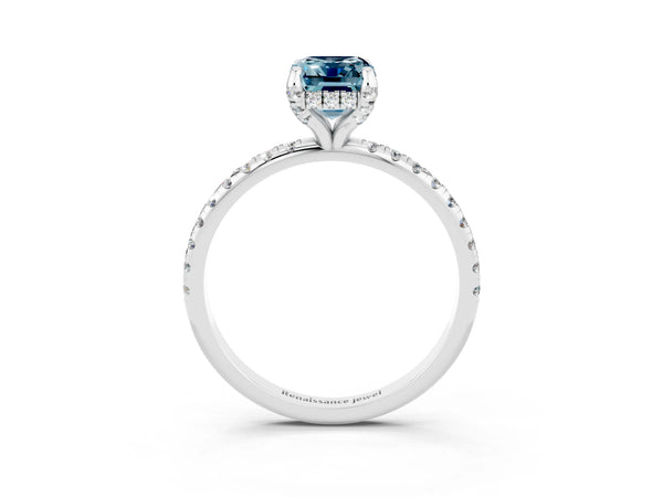 White gold Emerald Cut Aquamarine Hidden Halo Engagement Ring with Round Pavé Band and Prong Setting