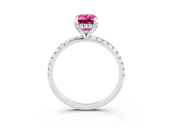 White gold Emerald Cut Pink Sapphire Hidden Halo Engagement Ring with Round Pavé Band and Prong Setting