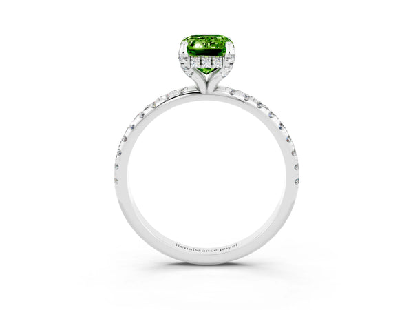 Silver Emerald Cut Diamond Solitaire Ring with Four-Prong Setting and Pavé Band