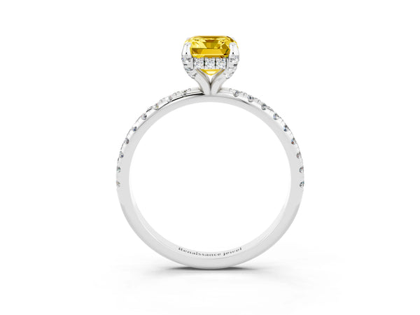Platinum Emerald Cut Yellow Sapphire Hidden Halo Engagement Ring with Round Pavé Band and Prong Setting