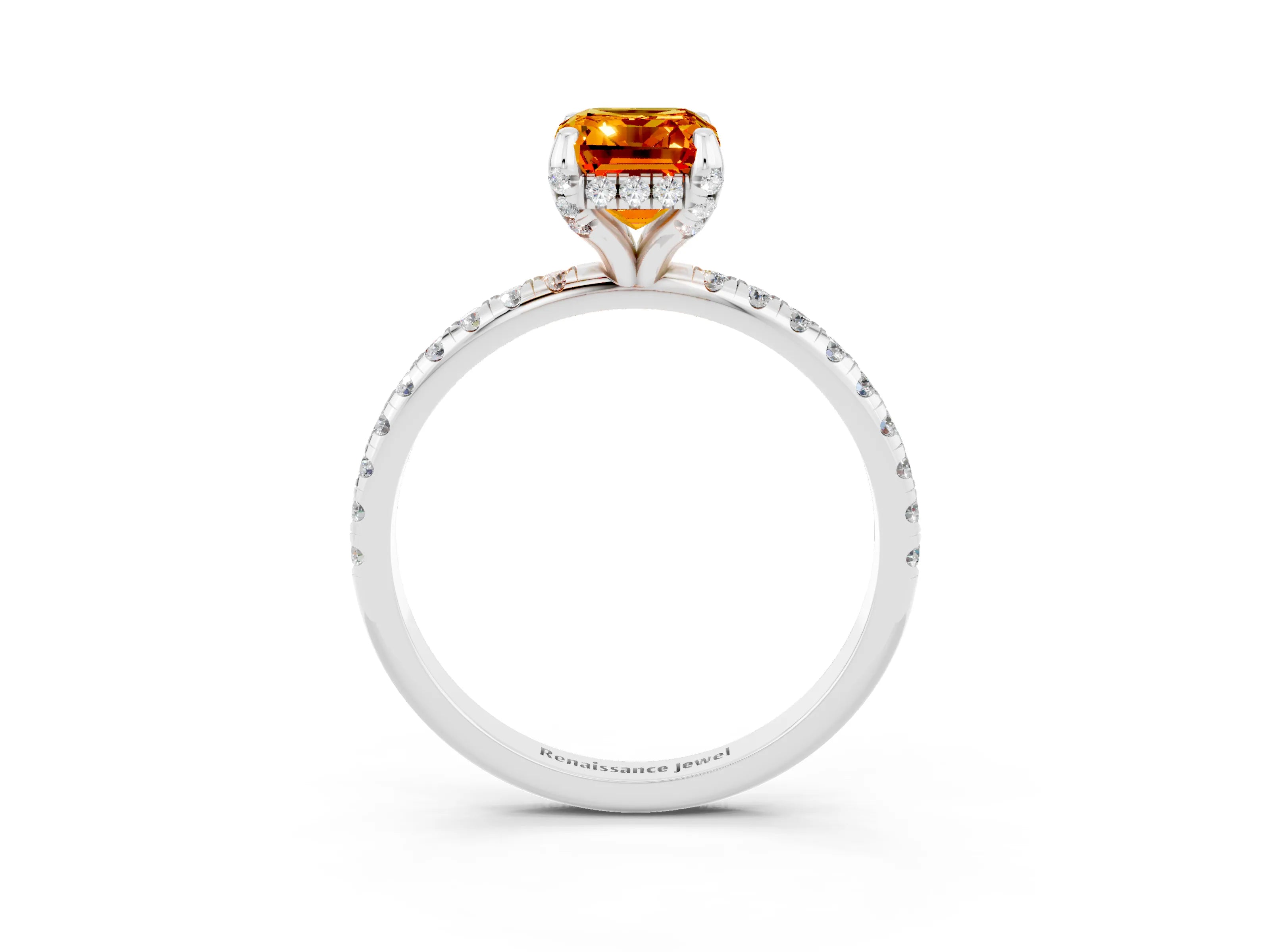 White gold Emerald Cut Diamond Solitaire Ring with Four-Prong Setting and Pavé Band_3