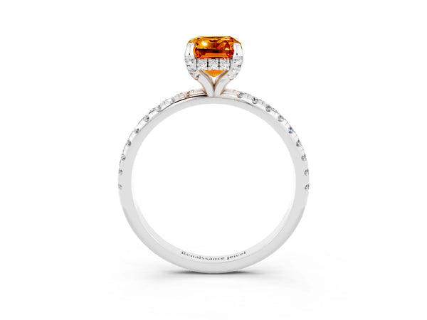 White gold Emerald Cut Citrine Hidden Halo Engagement Ring with Round Pavé Band and Prong Setting
