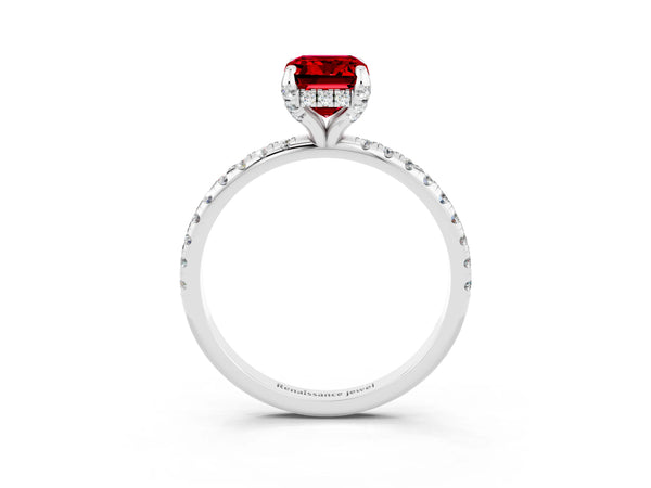 Platinum Emerald Cut Diamond Solitaire Ring with Four-Prong Setting and Pavé Band