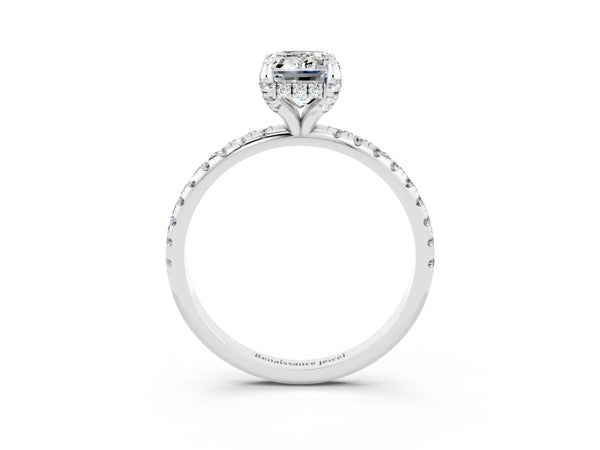 White gold Emerald Cut Moissanite Hidden Halo Engagement Ring with Round Pavé Band and Prong Setting