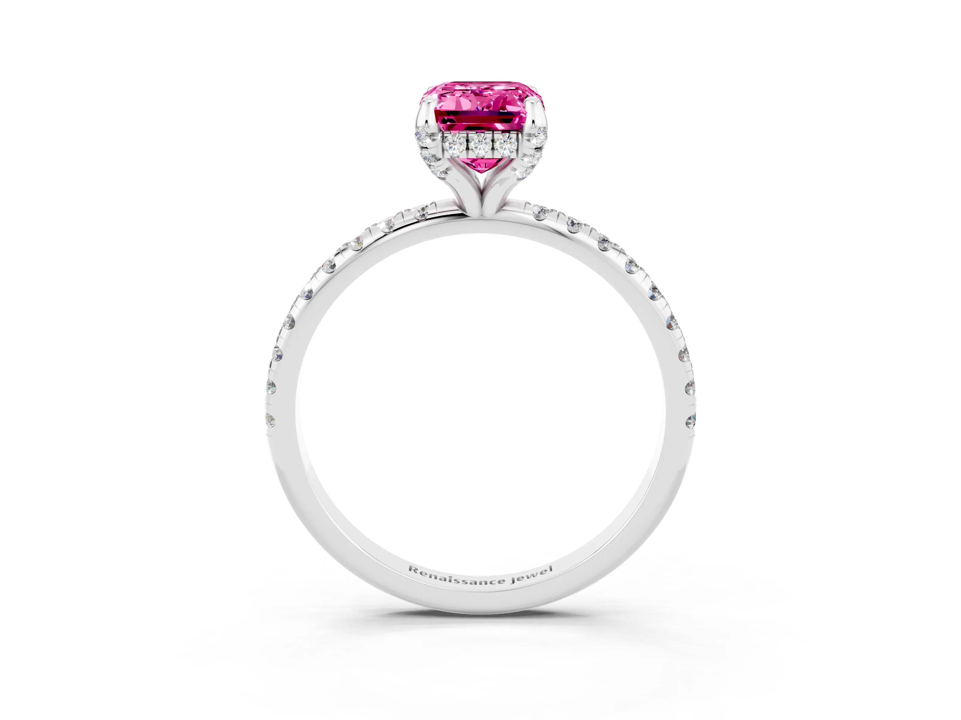 White gold Emerald Cut Diamond Solitaire Ring with Four-Prong Setting and Pavé Band_3