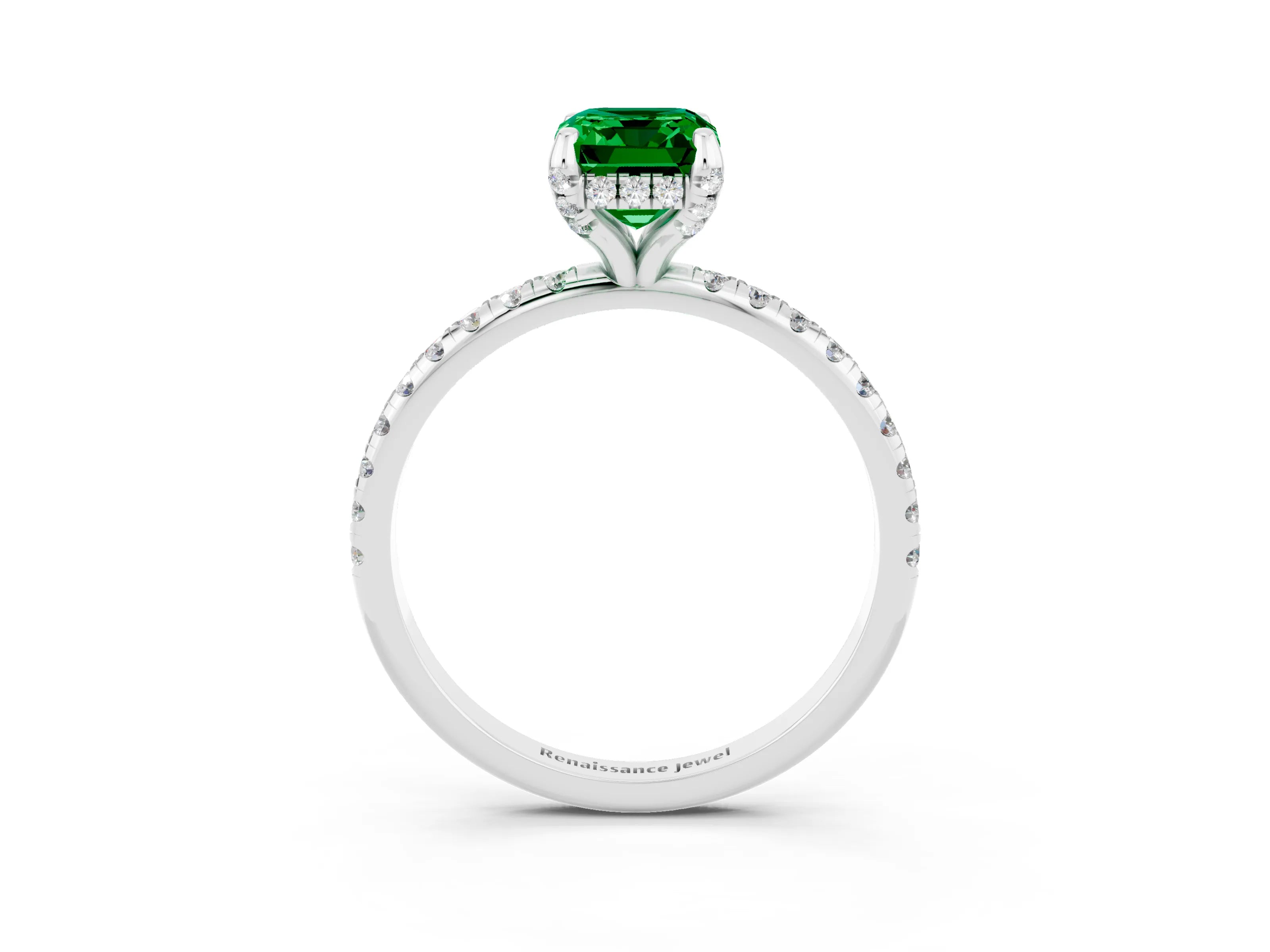 White gold Emerald Cut Diamond Solitaire Ring with Four-Prong Setting and Pavé Band_3
