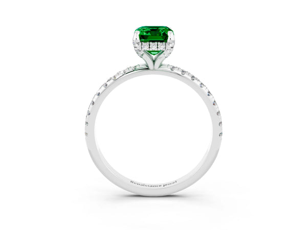 Silver Emerald Cut Emerald Hidden Halo Engagement Ring with Round Pavé Band and Prong Setting