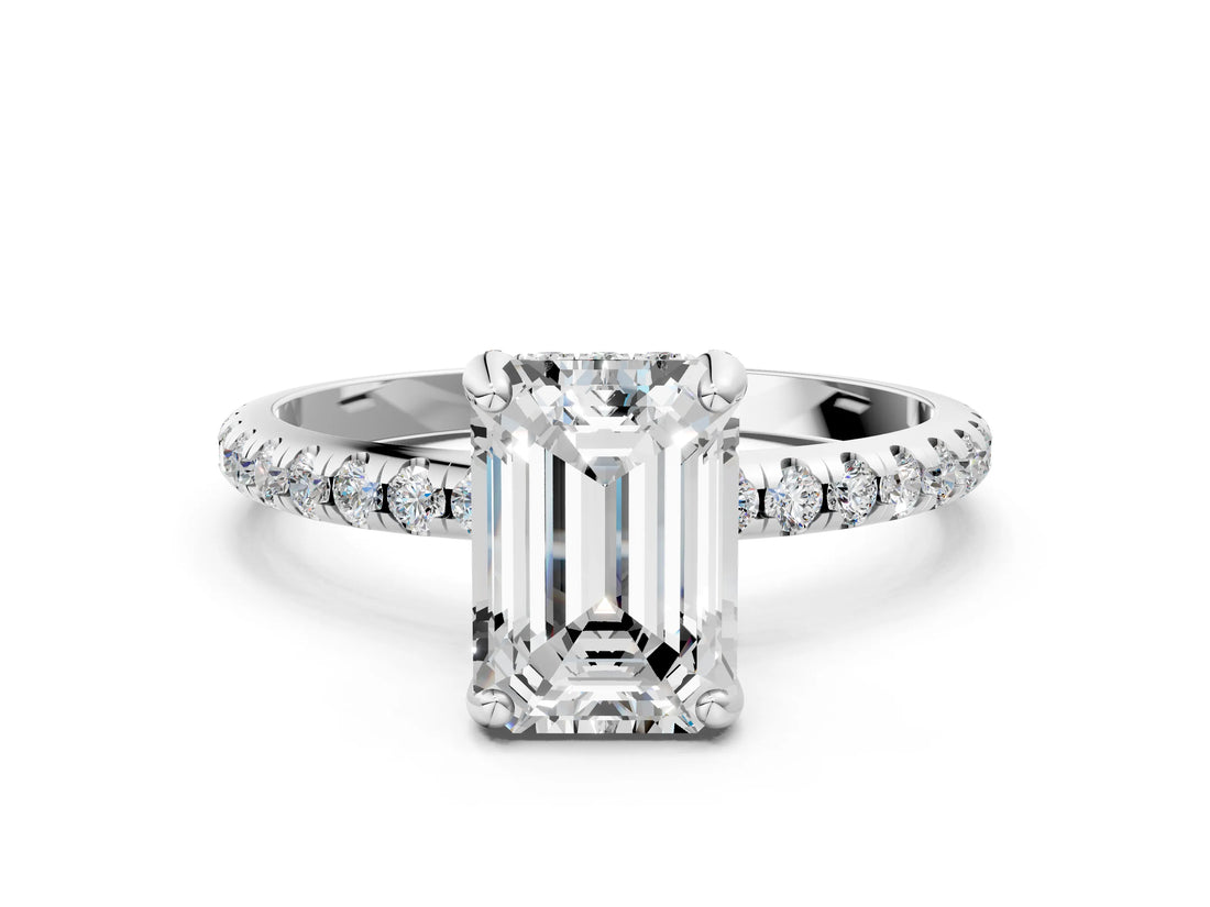 White gold Emerald Cut Diamond Solitaire Ring with Four-Prong Setting and Pavé Band_3
