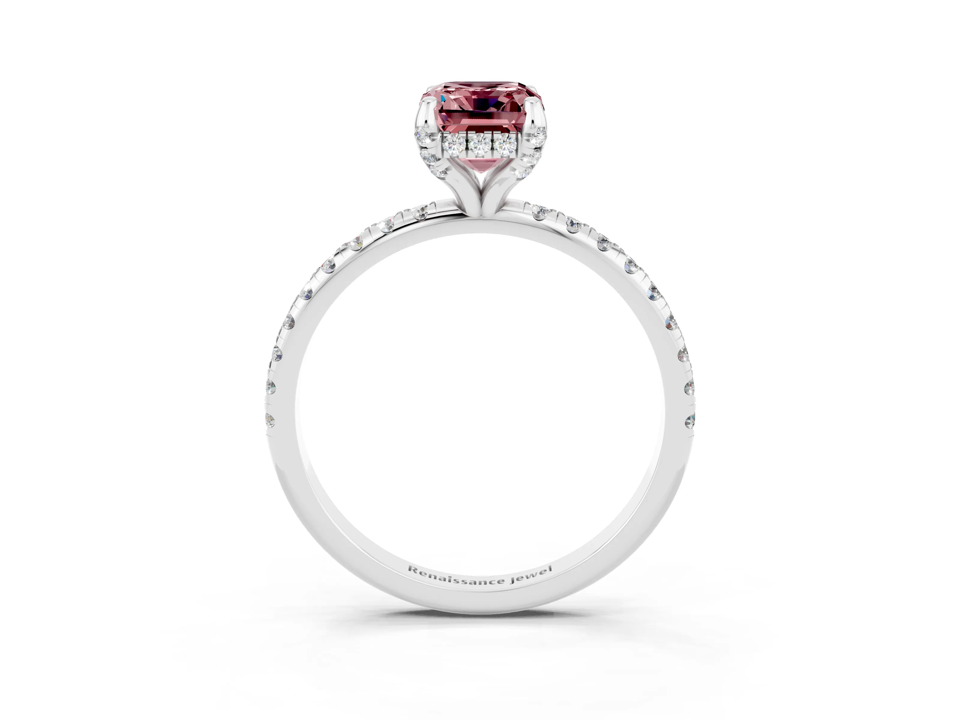 White gold Emerald Cut Diamond Solitaire Ring with Four-Prong Setting and Pavé Band_3