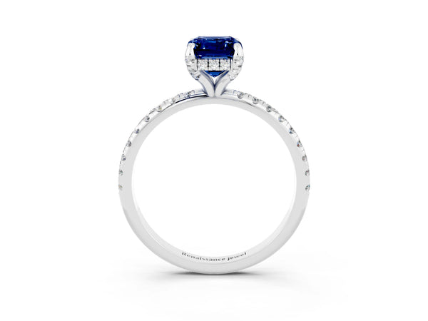 White gold Emerald Cut Blue Sapphire Hidden Halo Engagement Ring with Round Pavé Band and Prong Setting