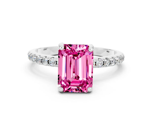 White gold Emerald Cut Pink Sapphire Hidden Halo Engagement Ring with Round Pavé Band and Prong Setting