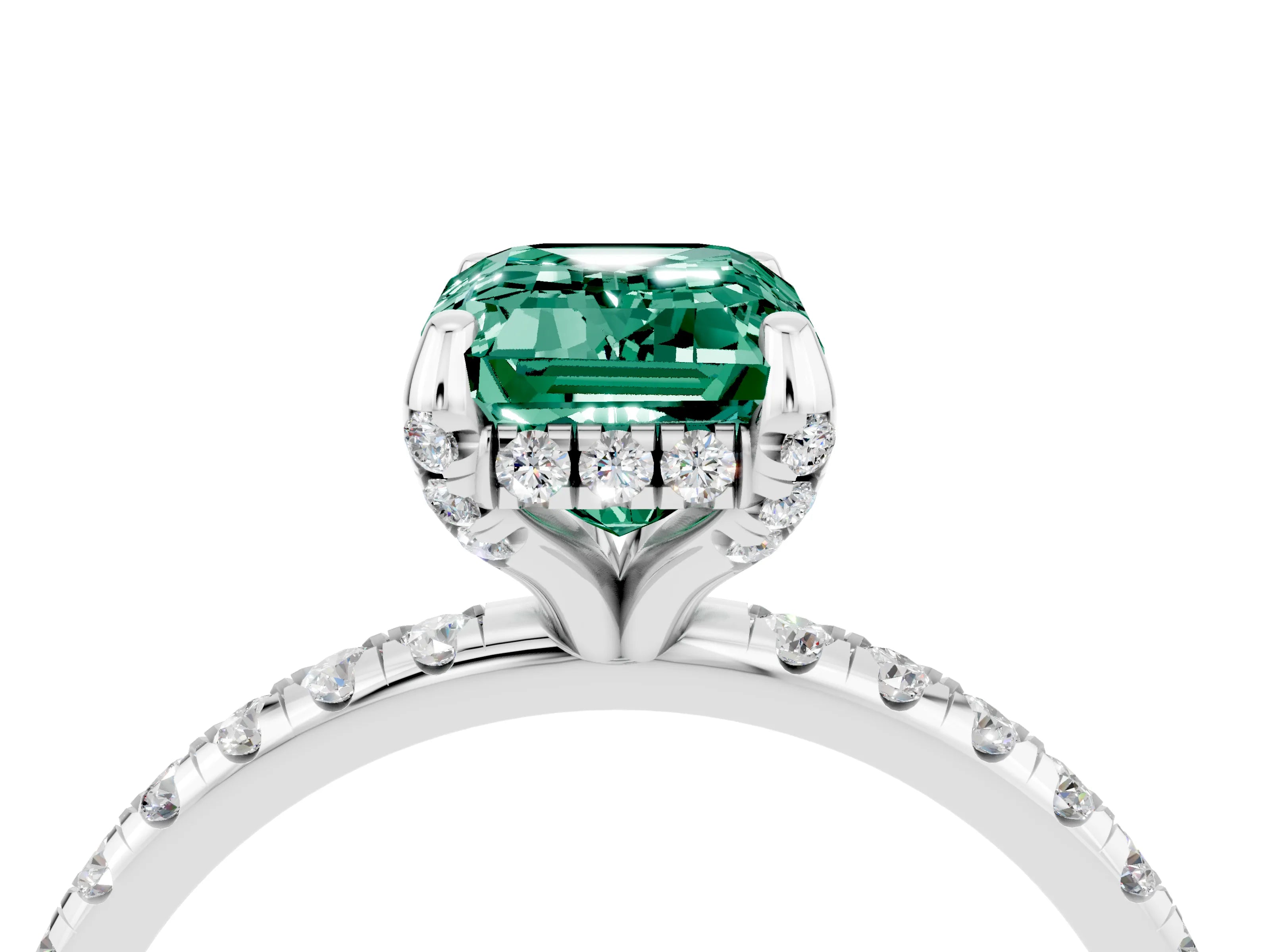 White gold Emerald Cut Diamond Solitaire Ring with Four-Prong Setting and Pavé Band_4