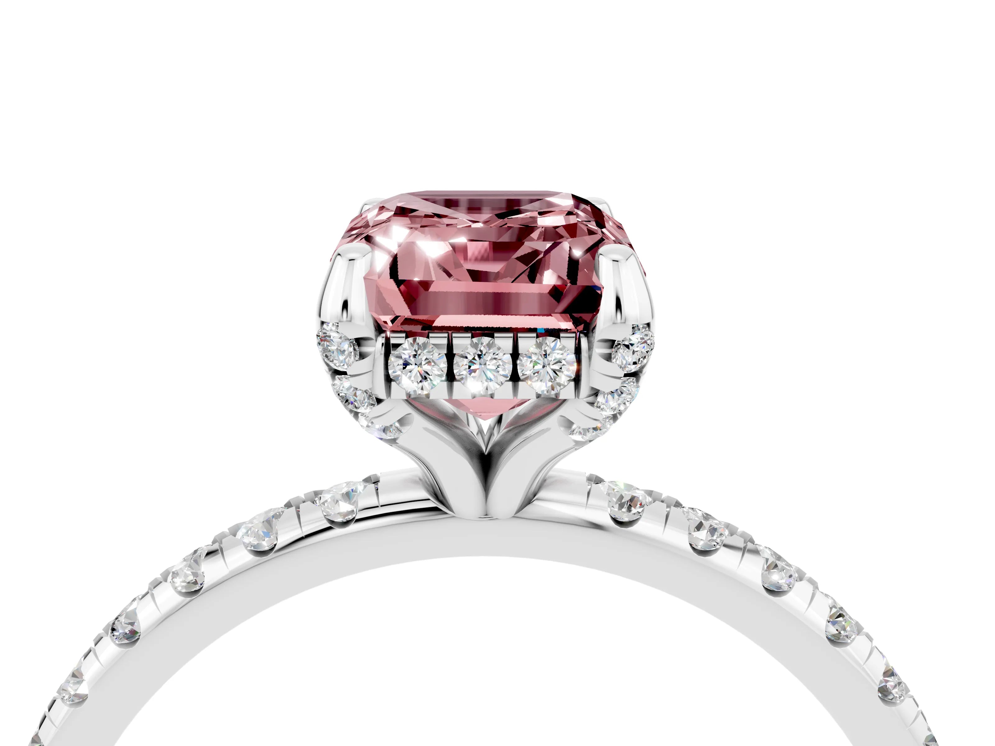 White gold Emerald Cut Diamond Solitaire Ring with Four-Prong Setting and Pavé Band_4