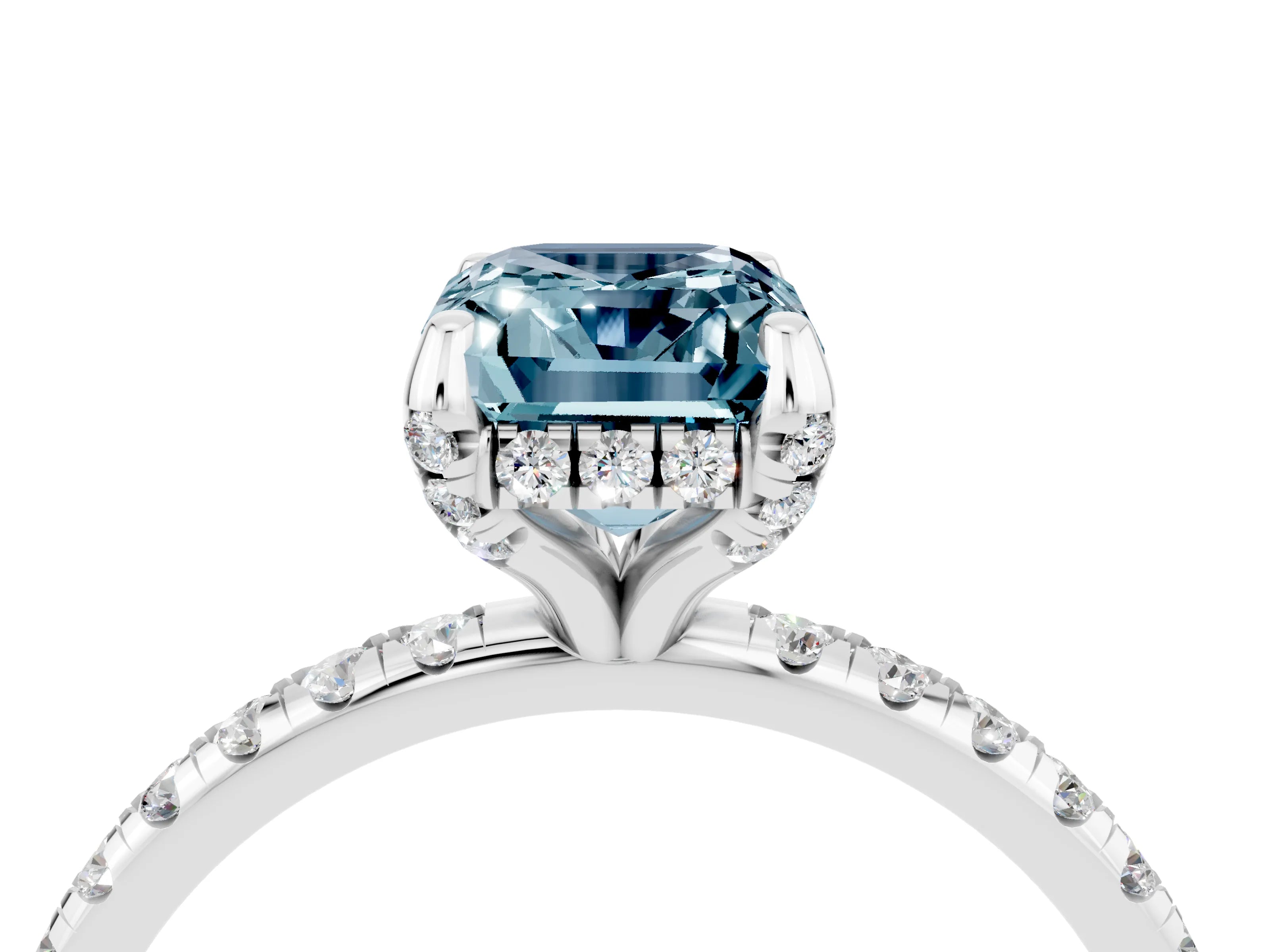 White gold Emerald Cut Diamond Solitaire Ring with Four-Prong Setting and Pavé Band_4