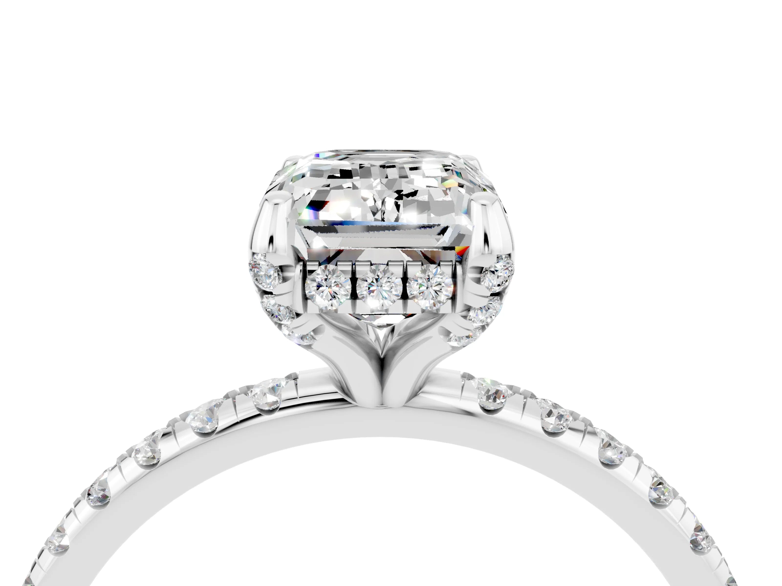 White gold Emerald Cut Diamond Solitaire Ring with Four-Prong Setting and Pavé Band_4