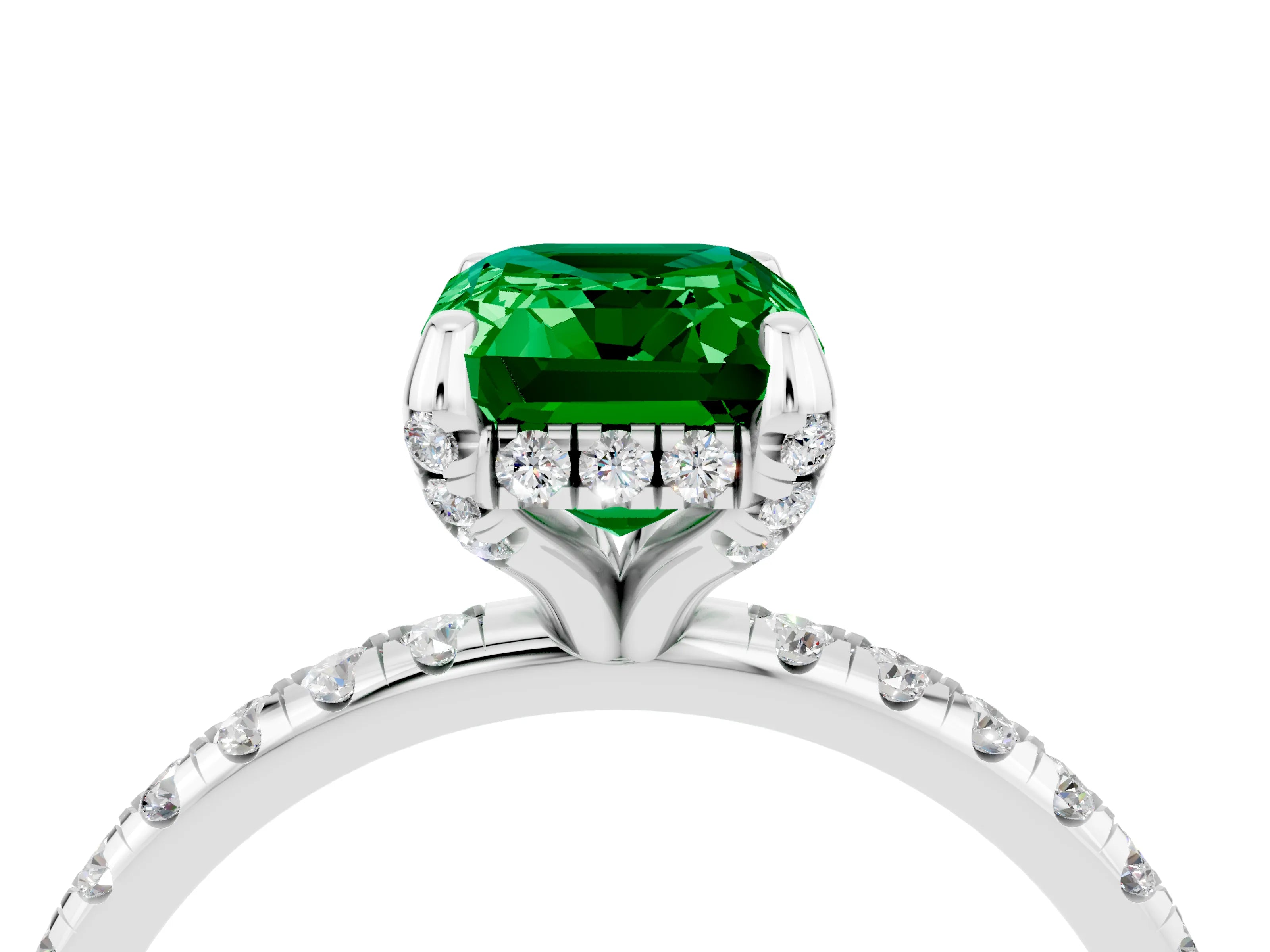 White gold Emerald Cut Diamond Solitaire Ring with Four-Prong Setting and Pavé Band_4