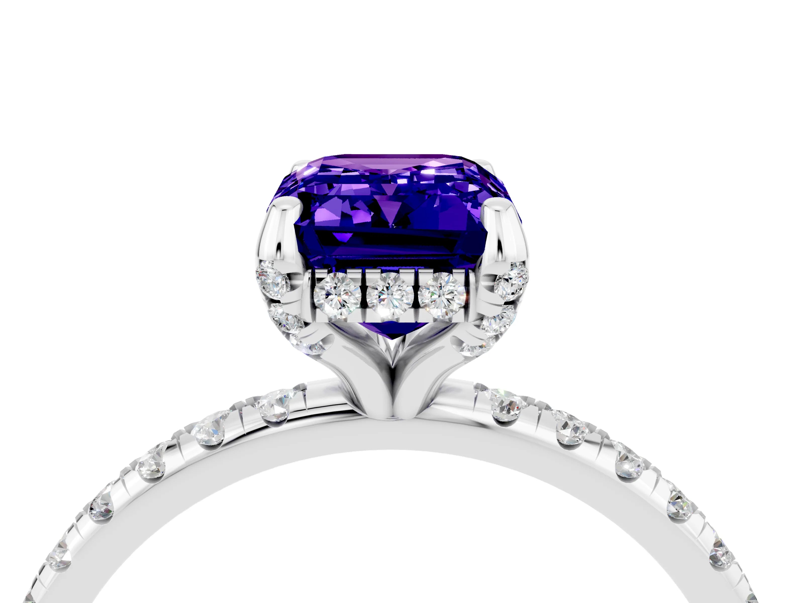 White gold Emerald Cut Diamond Solitaire Ring with Four-Prong Setting and Pavé Band_4
