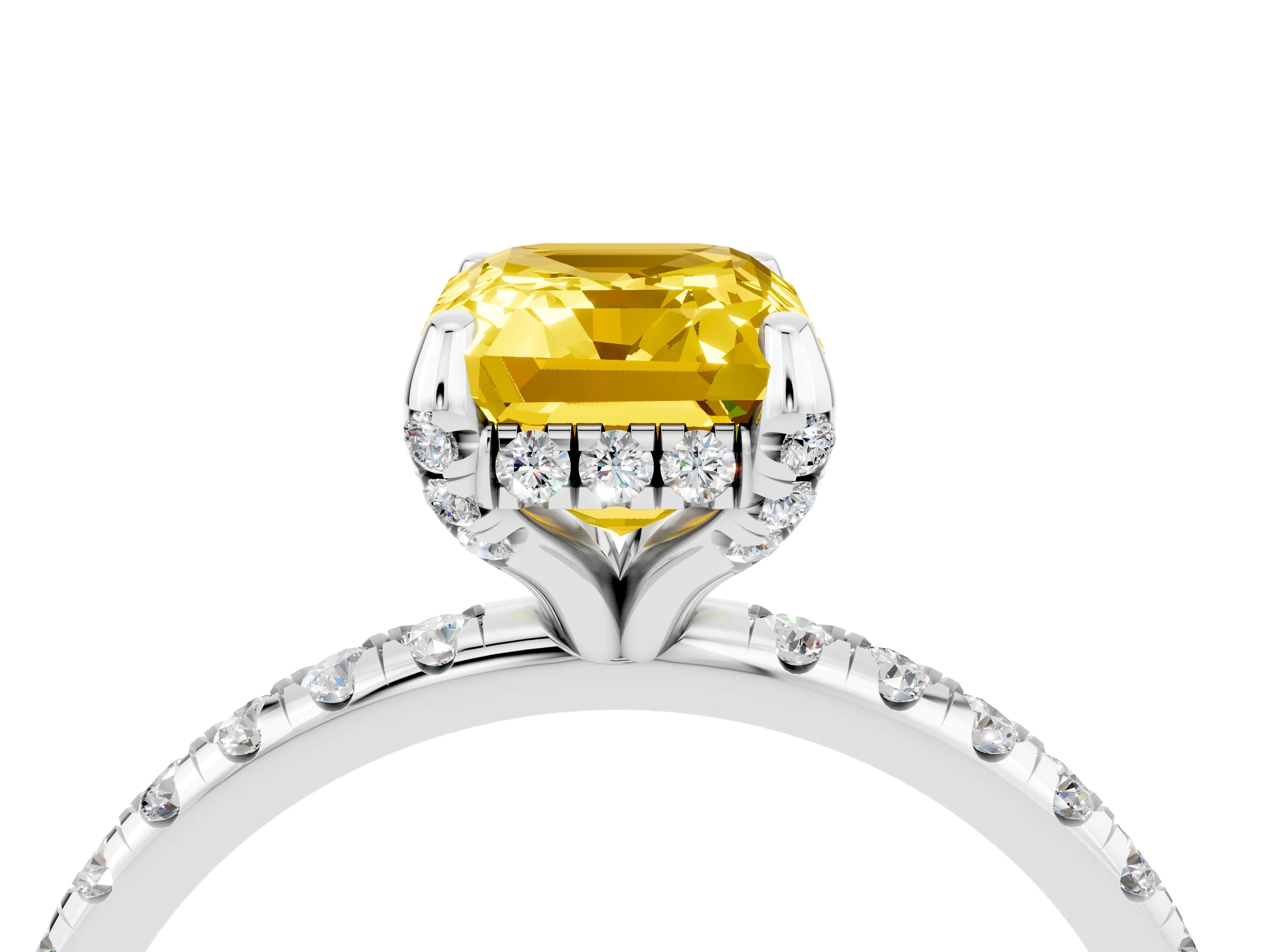 White gold Emerald Cut Diamond Solitaire Ring with Four-Prong Setting and Pavé Band_4