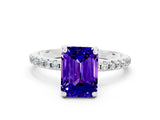 White gold Emerald Cut Diamond Solitaire Ring with Four-Prong Setting and Pavé Band