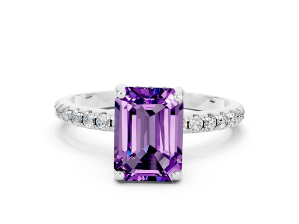 Platinum Emerald Cut Amethyst Hidden Halo Engagement Ring with Round Pavé Band and Prong Setting