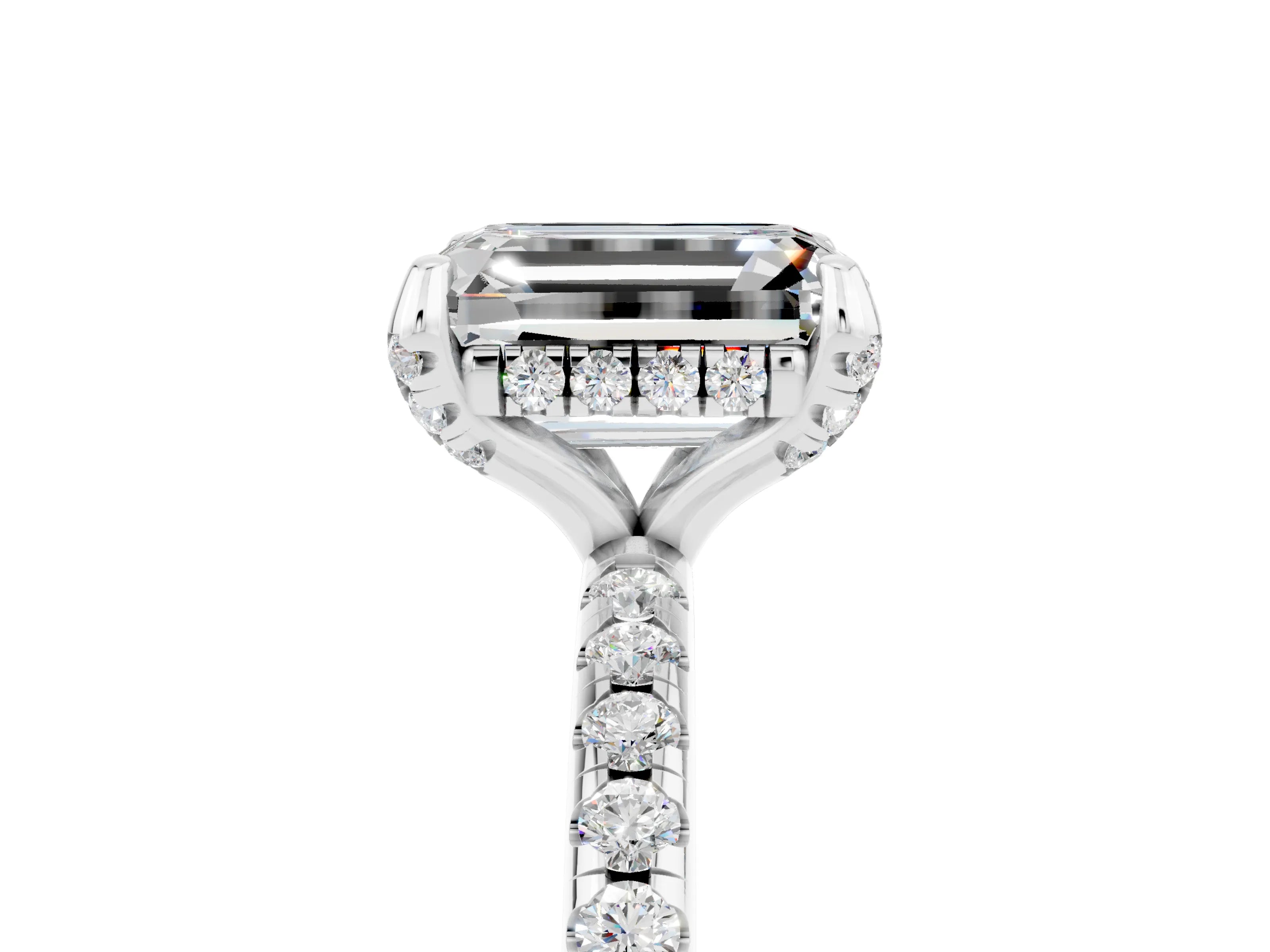 White gold Emerald Cut Diamond Solitaire Ring with Four-Prong Setting and Pavé Band_5