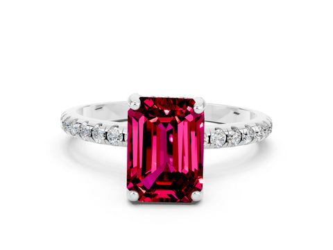 White gold Emerald Cut Diamond Solitaire Ring with Four-Prong Setting and Pavé Band