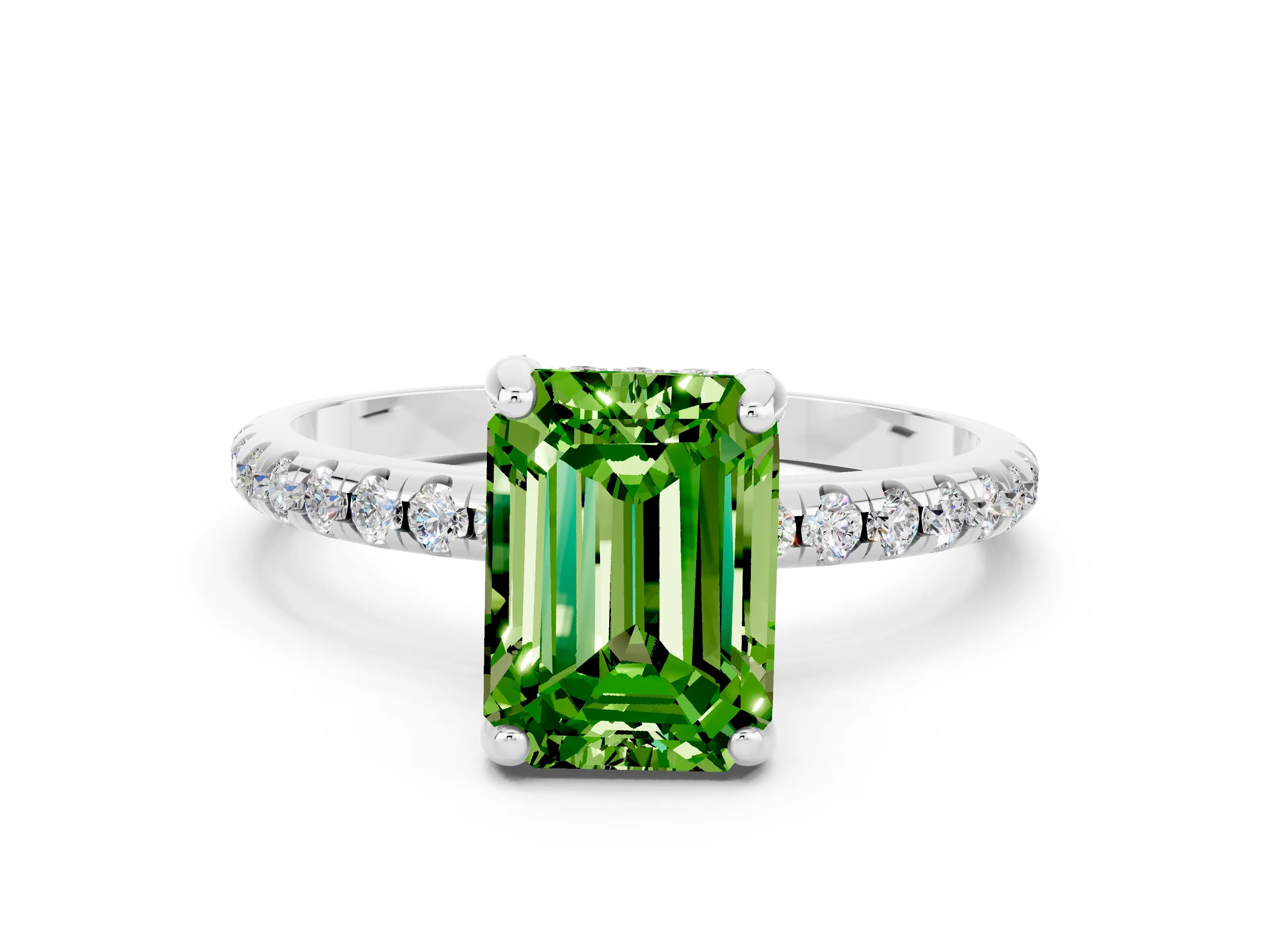 White gold Emerald Cut Diamond Solitaire Ring with Four-Prong Setting and Pavé Band