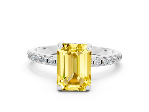 White gold Emerald Cut Diamond Solitaire Ring with Four-Prong Setting and Pavé Band