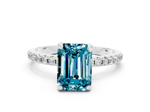 Silver Emerald Cut Diamond Solitaire Ring with Four-Prong Setting and Pavé Band