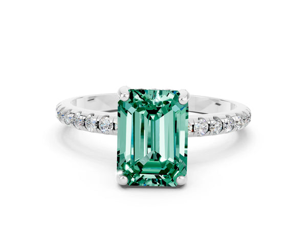 Silver Emerald Cut Green Sapphire Hidden Halo Engagement Ring with Round Pavé Band and Prong Setting