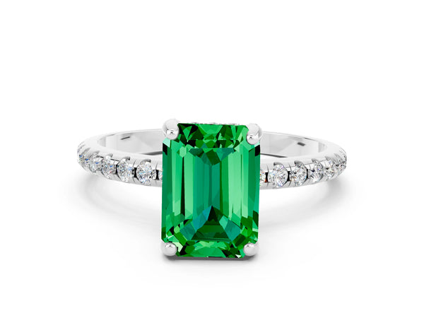 White gold Emerald Cut Emerald Hidden Halo Engagement Ring with Round Pavé Band and Prong Setting