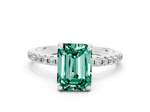 White gold Emerald Cut Diamond Solitaire Ring with Four-Prong Setting and Pavé Band